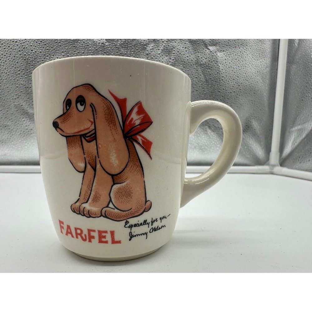 Vintage Farfel Dog Jimmy‎ Nelson Ceramic Coffee Mug USA Made White Red